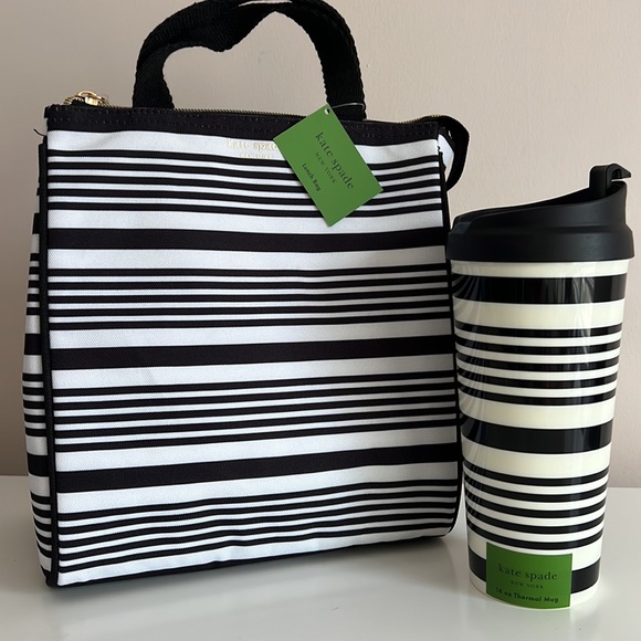 kate spade Handbags - Kate Spade New York Black Stripe Lunch bag and Thermal mug set
